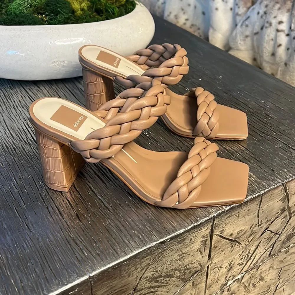 Dolce Vita Paily Tan Braided Double Strap Healed Sandals sz 7.5 EUC